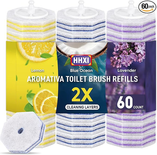 60Ct Aromative Toilet Brush Refills, Toilet Bowl Cleaner Refills, Double-Layer Cleaning Pads Added, Disposable Refill Heads for Toilet Bowl Cleaner Wands, Bulk （Patented）