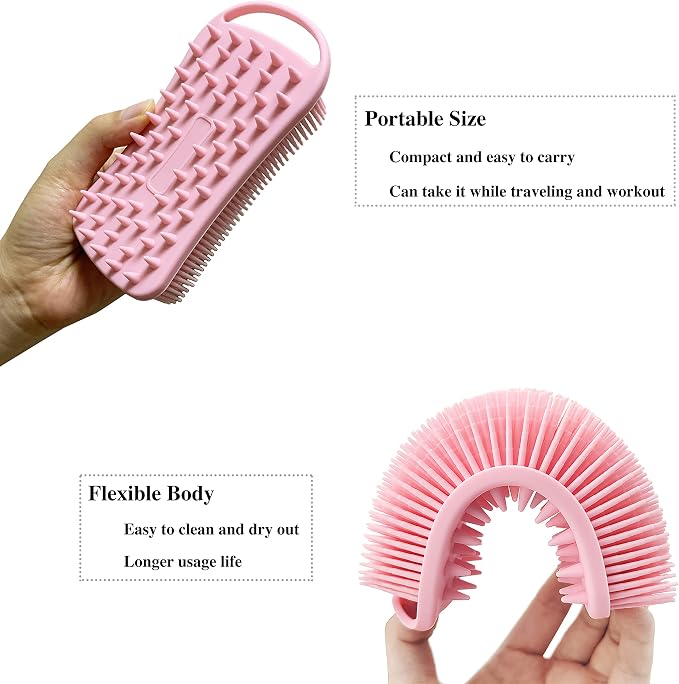 MtBoi 2 PC Silicone Body Scrubber, 2 in 1 Exfoliating Shower Bath Scrubber, Soft Silicone Loofah for Sensitive Skin, Shower Hair Scalp Massager, Easy to Clean, Lather Well (Pink&Blue)