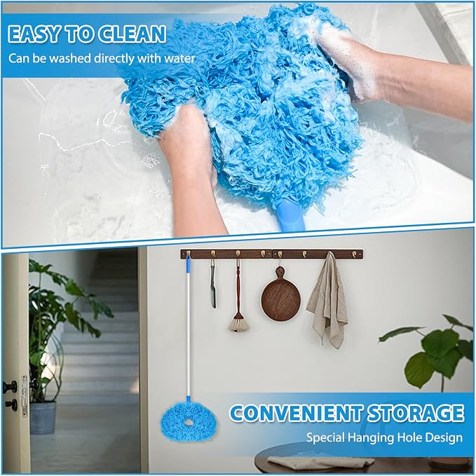 FONUNO Ceiling Fan Cleaner Duster High Ceiling Extended Fan Blade Cleaner | Reusable Microfiber Ceiling Fan Duster with Extension Handle from 13 to 50 Inch for Furniture Bookshelves Wall Door, Blue