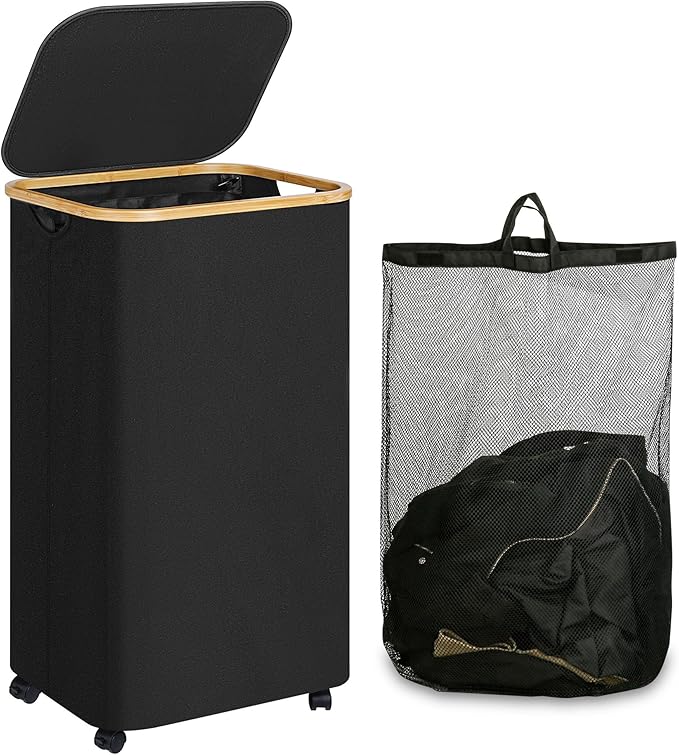 IEGrow Laundry Basket with Wheels 110L Clothes Hamper for Laundry,Black | Laundry Hamper with Lid and Bamboo Frame, for Laundry Room, Bedroom, Dormitory Storage