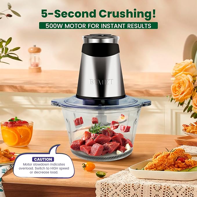 BUMET 500W Meat Grinder 2×8-Cup Bowls 2 Blades Food Chopper | glass+stainless bowl, stainless steel blades for meat/veggies/nuts. easy to clean, ideal for daily kitchen prep.