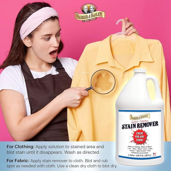 Parker & Bailey Liquid Stain Remover - Instant Stain Removal on Laundry Clothing Fabric Ink Grease Blood Grass Coffee Wine Food Carpet Upholstery Spot Cleaner Odor Free Detergent Booster - Gallon