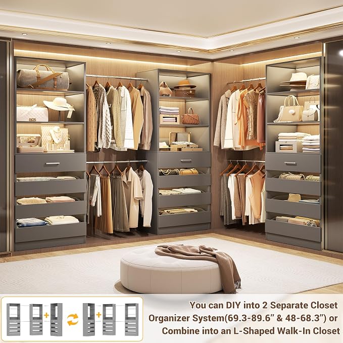 Aheaplus Closet System with 12 Drawers, 8.5-11.5Ft Wood Closet Organizer System with 4 Hanging Rods & 3 Towers, 4Ft & 6Ft L-Shaped Walk-in Closets Wardrobe Organizer Clothes Rack, Set of 3, Grey