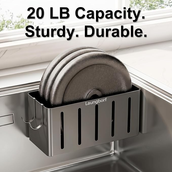 Kitchen Sink Sponge Holder – Adhesive No-Drill Sink Caddy – Laungborf – Rustproof Carbon Steel, Fast Drainage Holes, 2 Hooks & 4 Pads – Square for Flat Wall or Wide Ledge (Gray)