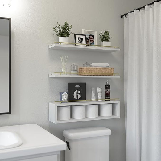 WOPITUES Floating Shelves for Wall 24 inch with Cube Shelf, Wall Shelves with Metal Rail for Decor, Bathroom Organizers and Storage, Over Toilet Shelves for Bathroom, Toilet Paper-White&Gold