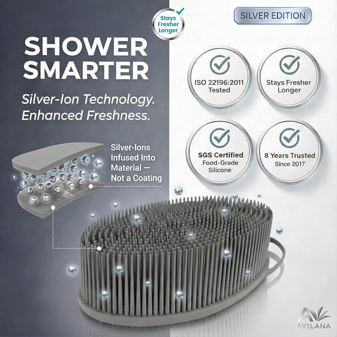 Avilana Silicone Body Scrubber for Shower – SGS Certified Food Grade Dual Sided Bath Brush, Gentle Exfoliating Silicone Loofah Alternative, Sensitive Skin Body Brush (Gray-Silver, Exfoliate)