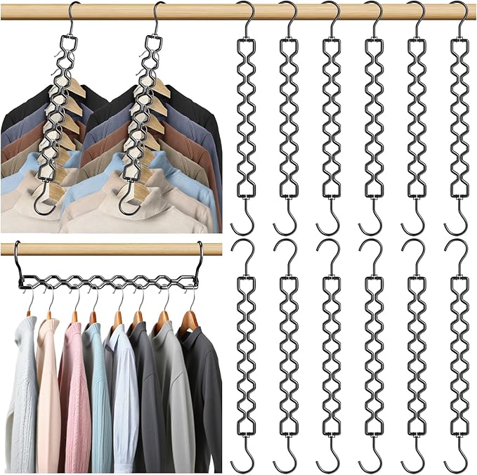 12 Pack Space Saving Hangers for Clothes Sturdy Metal Hangers Heavy Duty | Magic Clothes Space Saver Hanger Organizer with 360° Swivel Hook, Closet Organizers and Storage Dorm Room Essentials Black