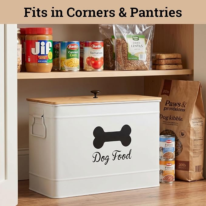 Dog Food Container Airtight Bamboo Lid 15-20 lb Sturdy Metal Handle 70 Cups | Pet Jar For Dogs up to 100lbs, Airtight Bamboo Lid, Sturdy Comfortable Metal Handle, Powder Coated Iron, Kibble Storage Bin