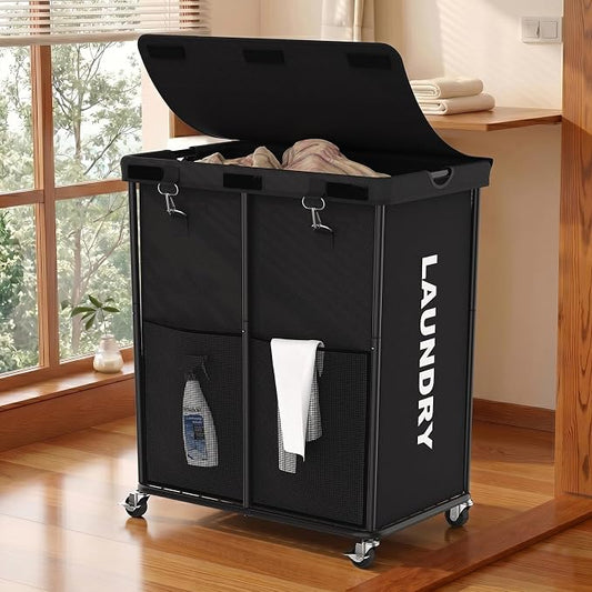 Laundry Hamper with Wheels and Lid, 225L Large Rolling Laundry Basket Black | Heavy Duty Clothes Organizer, Sturdy Metal Frame, Lockable Swivel Casters, Removable Bag, For Bedroom, Bathroom, Laundry Room