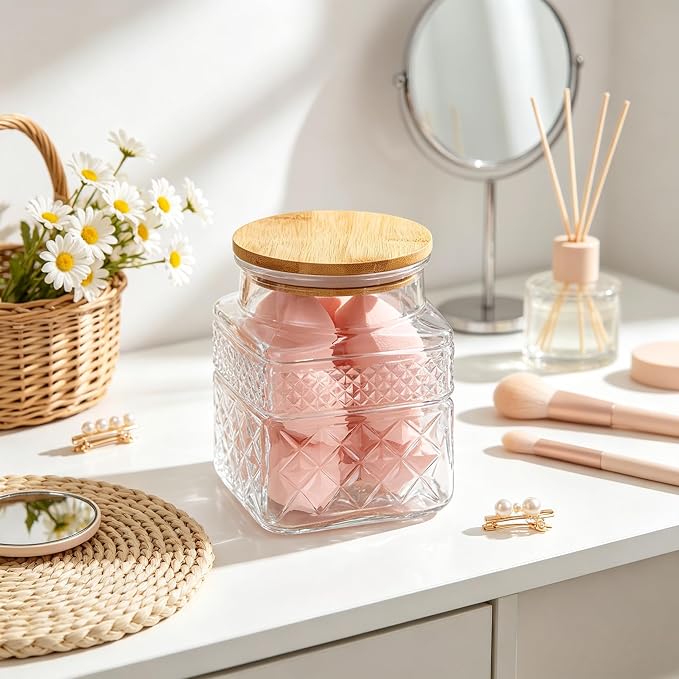 Prettidecor Glass Storage Jars, 38 FL OZ Airtight Canisters with Bamboo Lid, Decorative Kitchen Containers for Cereal, Nuts, Snacks, Candy, Cookies, Coffee, Tea