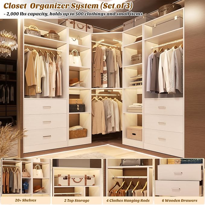 Besiost Corner Closet System with 6 Drawers, Closet Organizer System with 14 Shelves & 4 Hanging Rods, 87.2"L * 39.2"W / 63.2"L * 63.2"W Reversible L Shaped Walk-in Closets, Load 2500+LBS, White