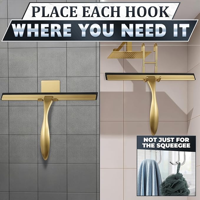 Shower Door Squeegee with Hook - 12" Silicone Blade, Stainless Steel Gold Squeegee for Shower Glass with Adhesive Mount - All-Purpose Bathroom Tile, Mirror, & Window Wiper for Streak-Free Cleaning
