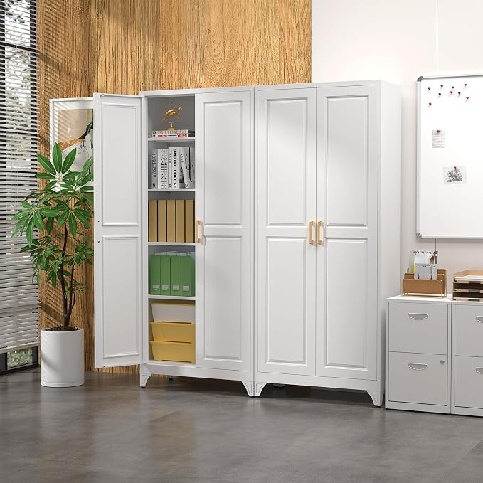 SteeLoong 75”Metal Pantry Storage Cabinet with Doors & 4 Adjustable Shelves | Kitchen Pantry Cabinet,White Kitchen Cabinet with 2 Gold Handles,Tall Cabinet for Livingroom,Pantry, Bathroom,Kitchen,Garage