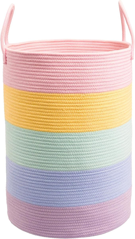 XUANGUO Rope Laundry Basket Hamper for Kids Girl Large, rainbow | Woven Storage Basket for Living Room Bedroom Boho Tall Baskets for Blanket Toys Pillow Towels Baby Nursery Hamper Bin