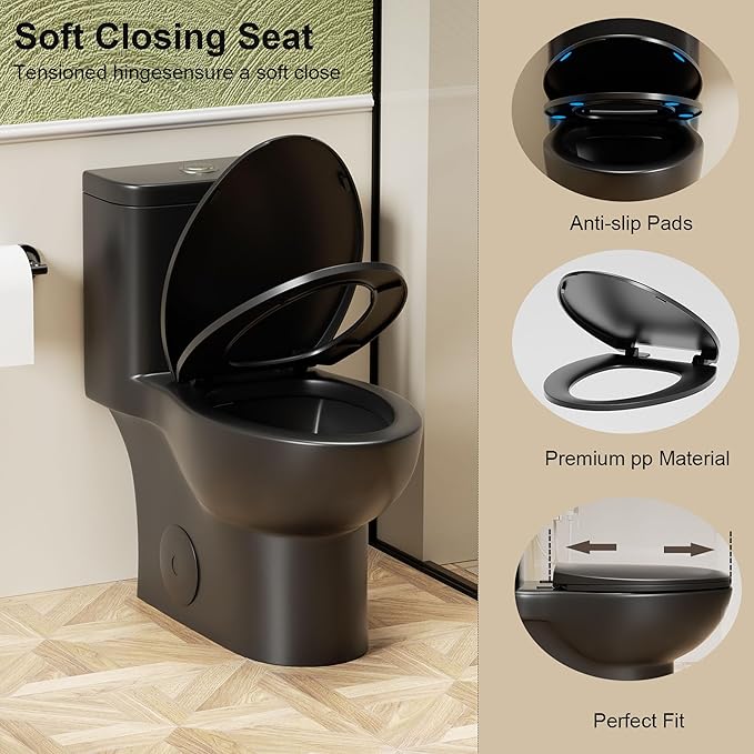 Black One Piece Toilets for Bathrooms, Compact Dual Flush Toilet Elongated with Soft Closing Seat, Modern 12 Inch Rough in Toilet, 1.6 GPF & Map 1000g, Comfort Height, Silent Design (Black)
