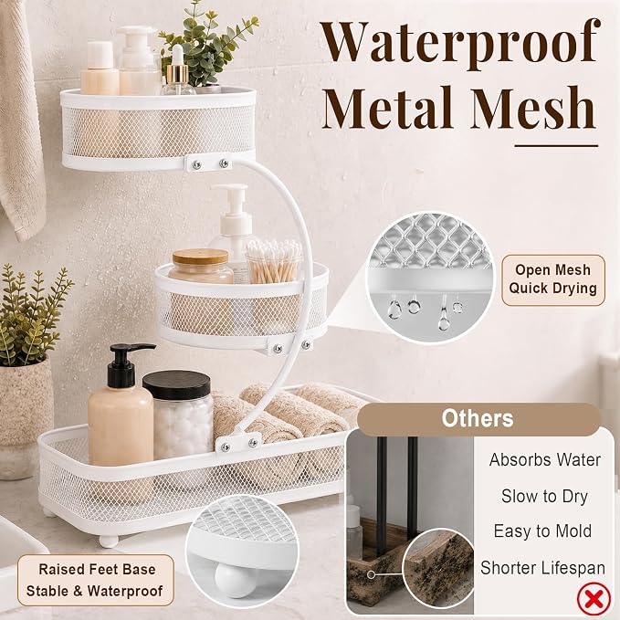 3 Tier Bathroom Counter Organizer-Perfume Organizer | Make Up Organizers for Vanity, Metal Shelf Organizer With Water-Resistant Open Design And Strong Load Capacity, White