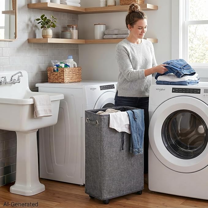 DOKEHOM 29" Enlarged Slim Rolling Laundry Basket Hamper on Wheels, Grey | Collapsible tall laundry hamper with removable mesh wash bag. Foldable narrow corner clothes storage bin for small spaces
