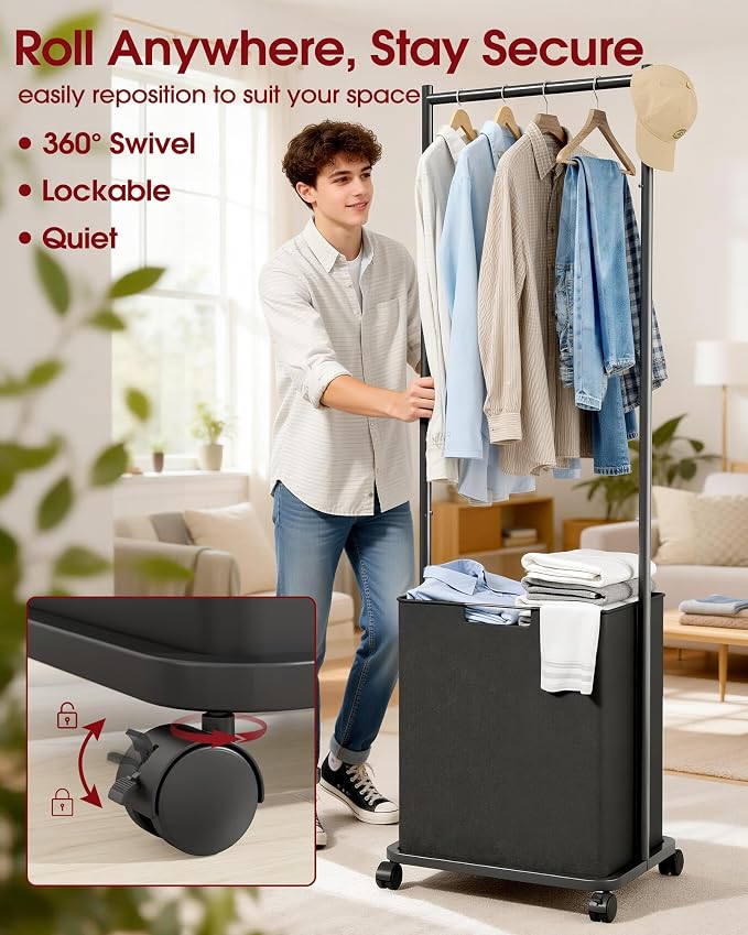 Clothes Rack - Space-Saving Clothing Rack for Hanging Clothes with Removable Laundry Basket, Reinforced Metal Garment Hanger with Wheels, Laundry Cart for Laundry, bathroom, 16.6"x12.6"x68.9", Black