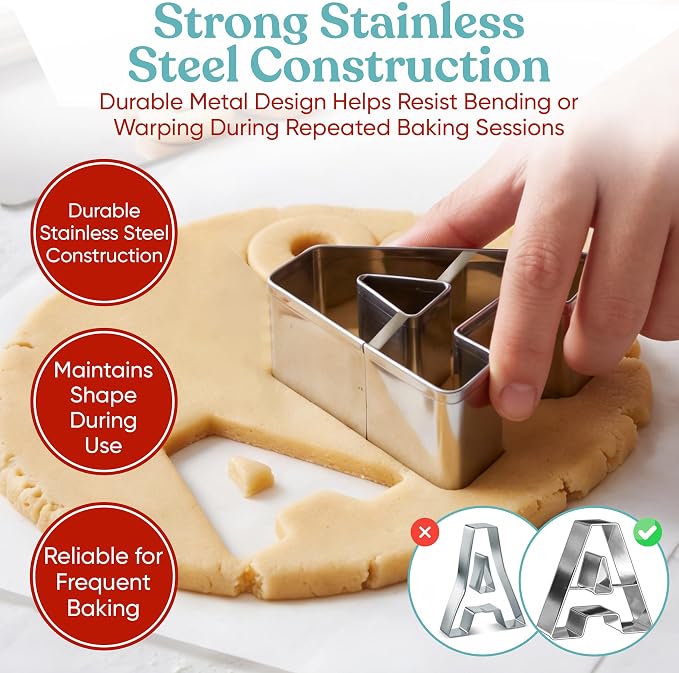 Bakerpan Stainless Steel Big Alphabet Cookie Cutter Set - 26 Large 3.5 Inch ABC Letter Cookie Cutters for Cookies, Biscuits, Fondant, Sandwiches & Cake Decorating + Bonus Dough Cutter