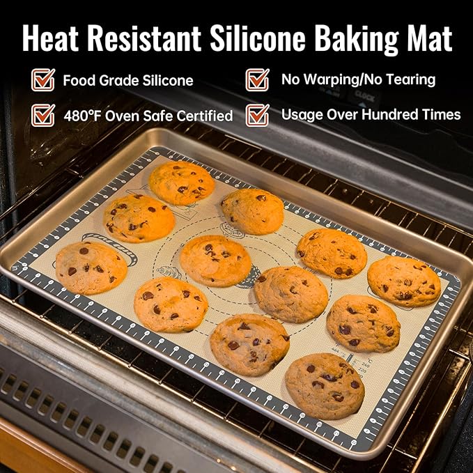 Silicone Baking Mat with 10 Easy Recipes, 0.7MM Extra Thick Silicone Mats for Baking, Kneading, Pastry Dough Rolling, Baking Essential for Cookie, Macaron, Bread, Pizza, Sourdough