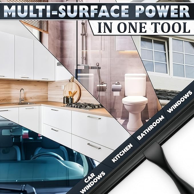 12 Inch Shower Door Squeegee - Black Shower Squeegee for Streak-Free Bathroom Glass - Stainless Steel Cleaner with Silicone Blade, Adhesive & Hanging Hooks for Mirror, Tile, Window, Car, Everyday Use