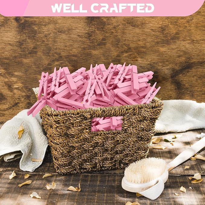 100 Pcs Pink Clothes pins - 2.9 Inch Wooden Clothespins Cheer Clips | Vibrant for Crafts Classroom Decorations Clothing Pictures Laundry Solid Wood No Splinters Fade‑Proof