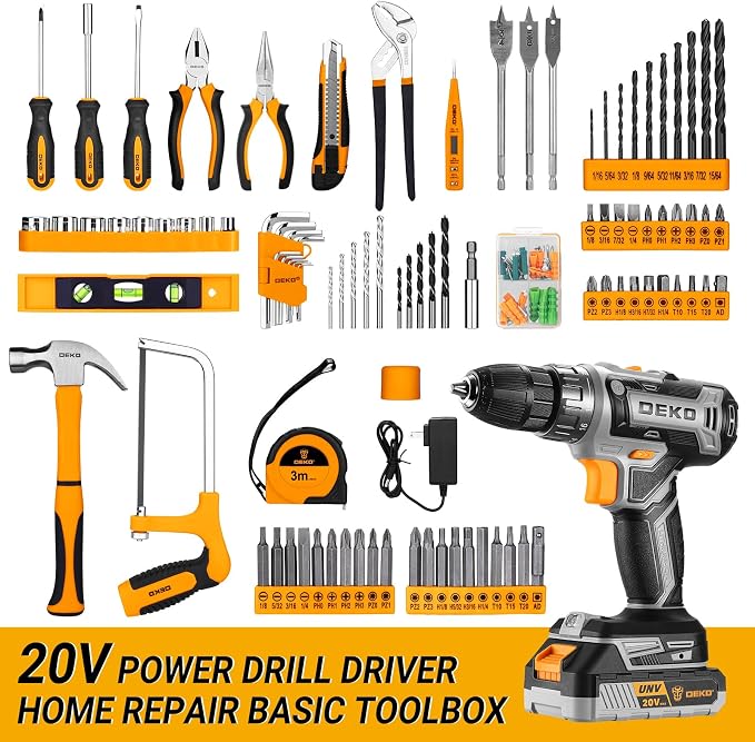 Cordless Drill Tool Kit Set: 20V Power Drill Tool Box with Battery Electric Drill Driver for Men Home Hand Repair Basic Toolbox Tools Sets Drills Case