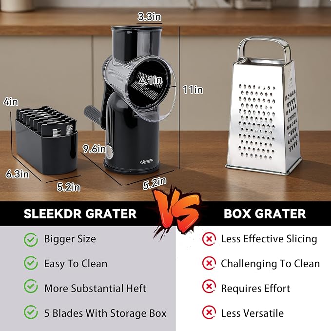 Rotary Cheese Grater with Handle – Includes 5 Stainless Blades and Feature Strong Suction Base – Easy to Clean, Cheese Shredder Hand Crank, Multi-Purpose Slicer (Black)