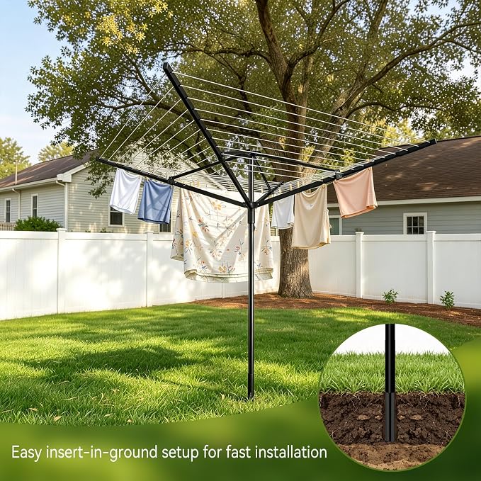 Enayplon 4-Arm Umbrella Clothes Drying Rack, 164 FT Rotary Outdoor Clothesline, Height Adjustable Foldable Laundry Dryer with Ground Spike & Waterproof Protective Cover for Backyard Patio Garden