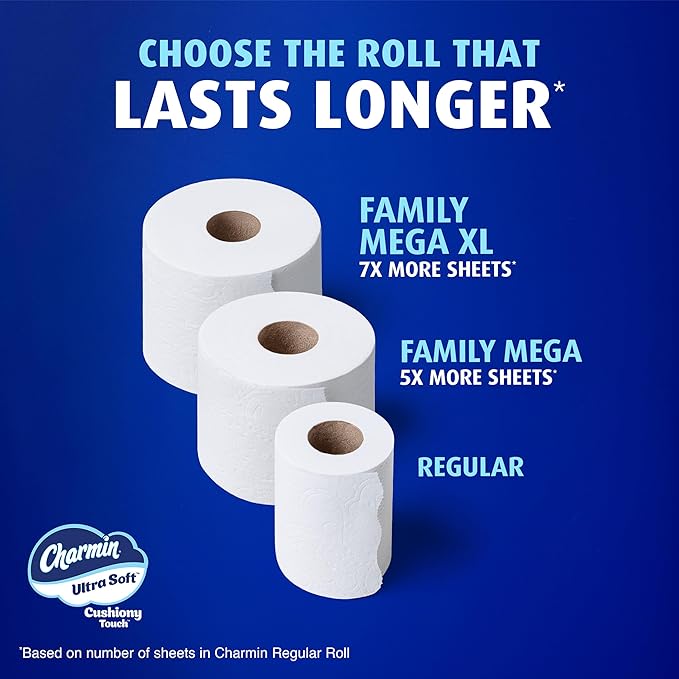 Charmin Ultra Soft Cushiony Touch Toilet Paper, 30 Family Mega = 153 Regular Rolls, 2-Ply, White