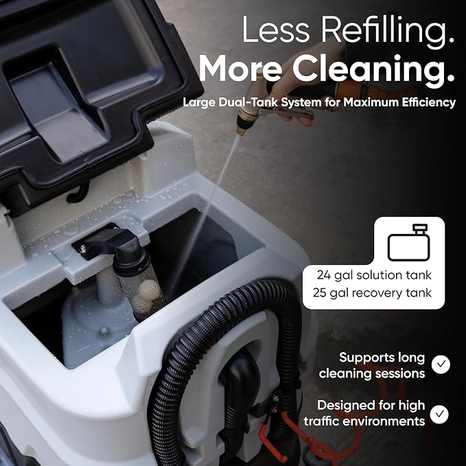 Battery Powered Ride-On Commercial Floor Scrubber Machine, 30" Brush, 39" Squeegee Width, 24 gal Solution Tank, 25 gal Recovery Tank, 5 hr Use 8 hr Charge, 180 RPM, 52,000 Sqft/H, Batteries Included