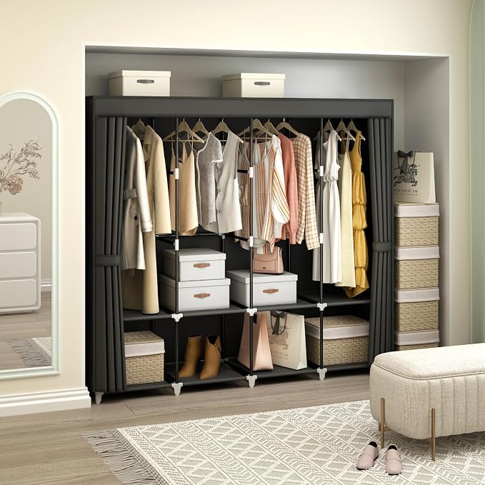 67" Portable Wardrobe Closet for Hanging Clothes, 8 Shelves 4 Rods & Cover