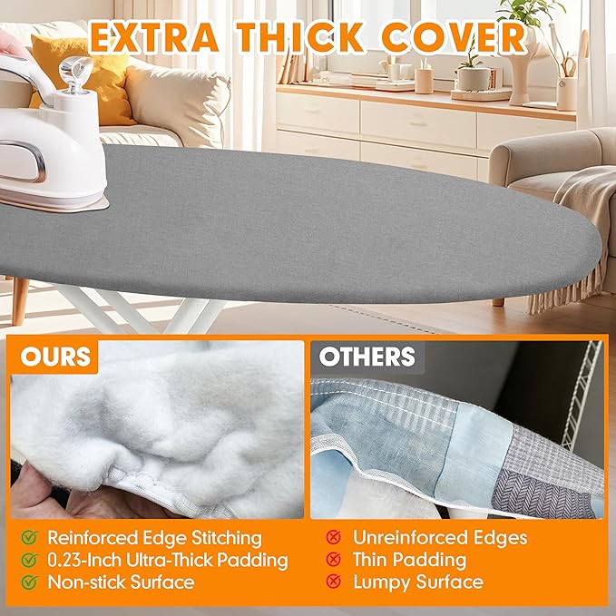 Ironing Board Cover and Pad, 21x57 Extra Large Thick Iron Padding, Scorch & Stain Resistant Ironing board cover, Heavy Duty Iron Board Padded with Adjustable Fasteners Durable Elastic Edge, Grey