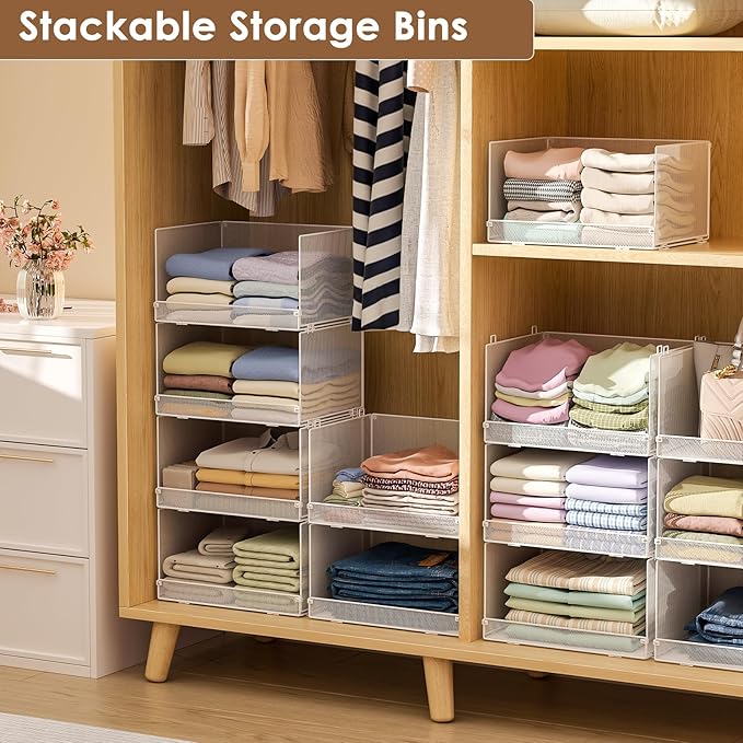 Tiaoheka 4-Tier Stackable Closet Organizers and Storage Shelves, Foldable Closet Shelf Organizer, Stackable Storage Bins Drawers for Closet Organizer System, White(Patent Pending)