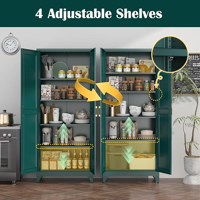 SteeLoong Kitchen Pantry Cabinet,75" Green Metal Storage Cabinets with Doors and 4 Adjustable Shelves,Kitchen Cabinet with 2 Gold Handles,Tall Cabinet for Livingroom,Pantry, Bathroom