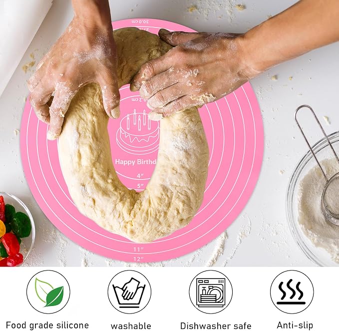 Silicone Baking Mat Cake Mat Round Silicone Baking Mat with Measurements for Cake Turntable Stand Pastry Baking Sheet, Non-Stick and Heat Resistant (Pink)