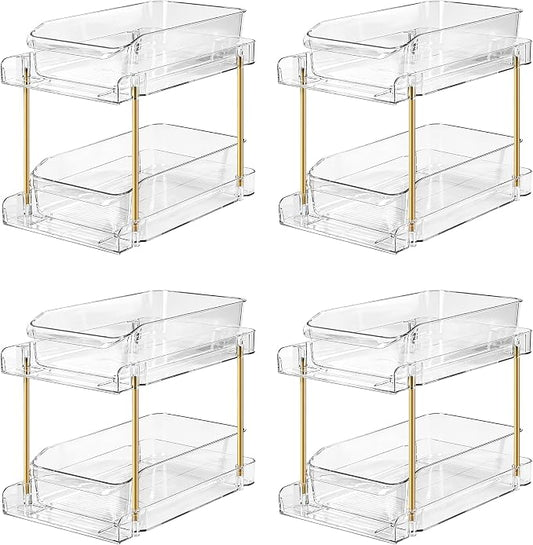 LAREKUN4pack 2-Tier Organizer & Storage Unit Stackable Bathroom Cabinet Organizer Pull-Out Kitchen Pantry Organizer & Storage System Suitable for Countertops, Pantries, Kitchens, Bathrooms