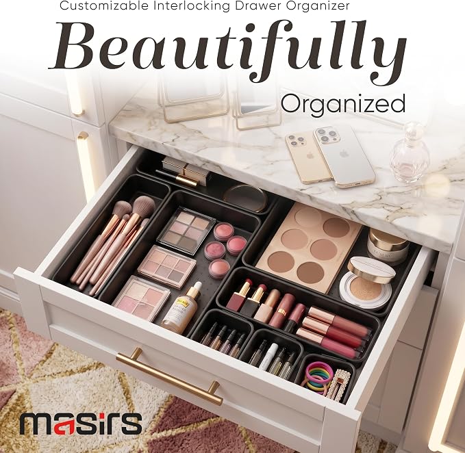 Masirs Interlocking Drawer Organizer Bins 8 Pcs, Desk Drawer Tray Set | Tool Box Organizer Tray, Kitchen Office Garage, Modular Plastic, 3 Sizes (2 Lg 3 Med 3 Sm), Black, Custom Layout