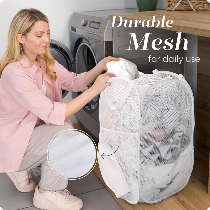 Handy Laundry Pop Up Laundry Hamper 71L Sturdy Collapsible Mesh (White) | Breathable Foldable Laundry Basket with Reinforced Handles, Side Pocket, Wide Opening for Dorm, Travel, Bedroom