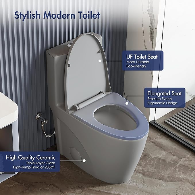 Eridanus Elongated One Piece Toilet with Powerful Siphon Dual Flush 1.1/1.6 GPF, 12" Rough-In Modern Bathroom Toilets with Comfort Soft Closing Seat Height 17", ADA Compliant Bowl, Light Gray
