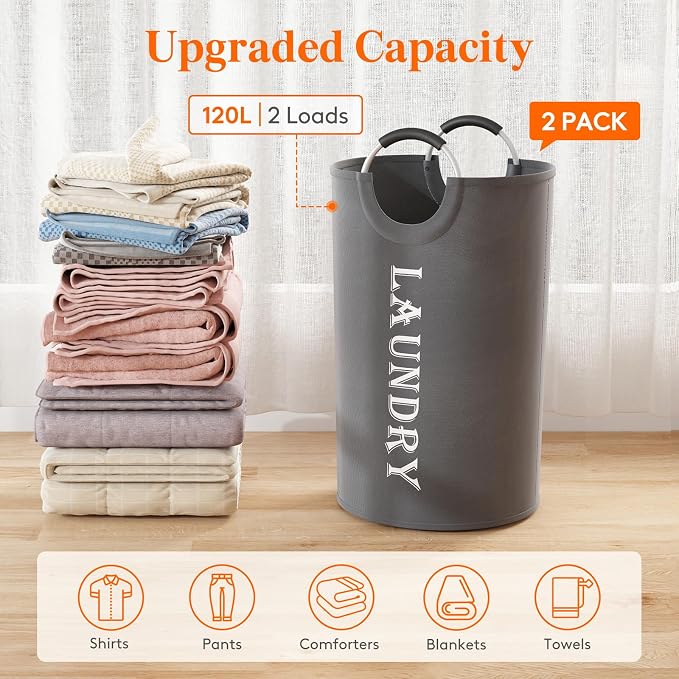 Lifewit 120L 2-Pack Large Laundry Basket, Collapsible Laundry Hamper with Aluminum Handles, Waterproof Freestanding Dirty Clothes Hampers for Laundry Room Bedroom Dorm Bathroom, Grey