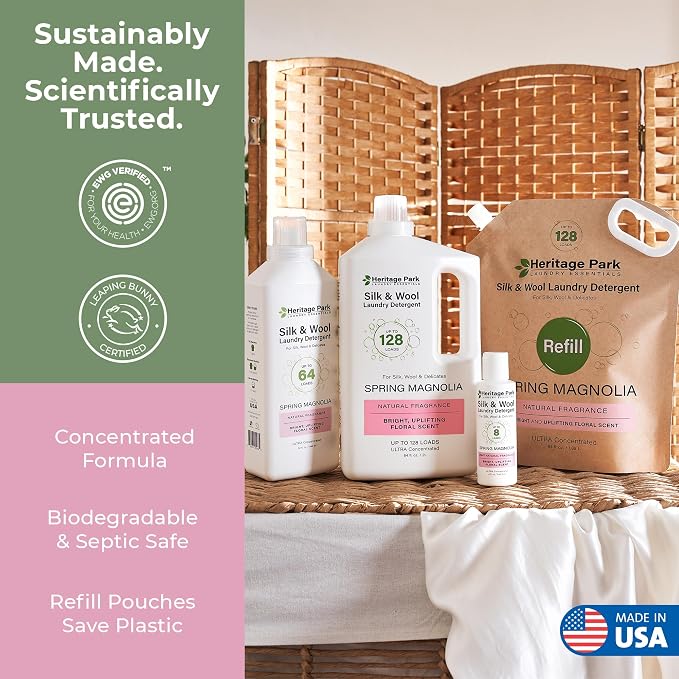 Heritage Park Silk & Wool Delicates Detergent - Spring Magnolia - Refill | EWG Verified & EPA Safer Choice - Enzyme-Free Liquid Detergent - Hypoallergenic, Dermatologist Tested, Gentle on Silk & Wool