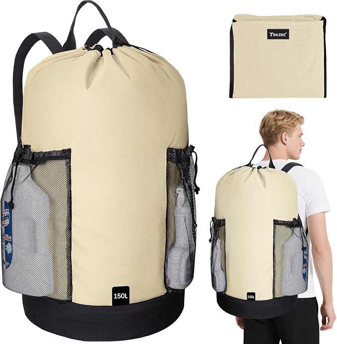 BALEINE 150L Laundry Bag Backpack, 900D Oxford Fabric Large Travel Laundry Bags with Shoulder Straps and 2 Mesh Pockets for College Dorm, Apartment, Laundromat (Beige, 150L)