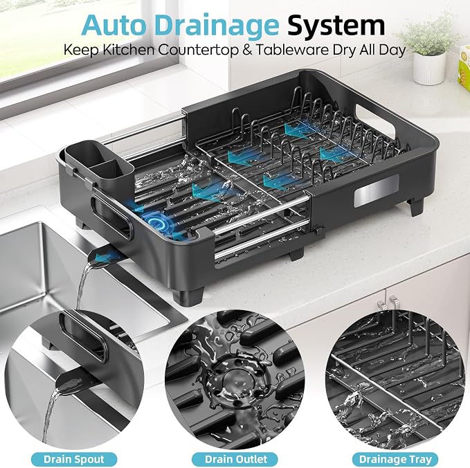 TOOLF Expandable Dish Drying Rack for Kitchen Counter,Black | Extendable 12.8in to 20.35in,Stainless Steel & PP,One-Minute Quick Assembly,Cutlery Holder,Portable Carry Handle,Space-Saving