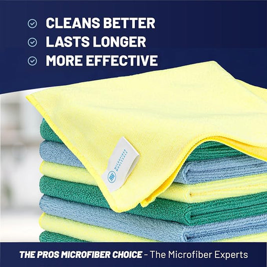MW Pro Microfiber Cleaning Cloth | Blue, Green, Yellow (12 Pack) | Size 16" x 16" | All Purpose Microfiber Towels - Clean, Dust, Polish, Scrub, Absorbent