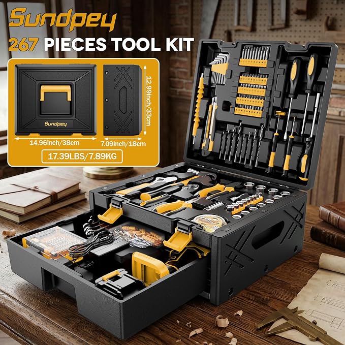 Sundpey 267 Pcs Tool Kit Set for Home with 21V Cordless Drill & Drawer Case | Portable Complete Tool Box, with 2 Batteries & Charger & Mechanic Set,for Men Women,for Household House Garage Apartment Dorm