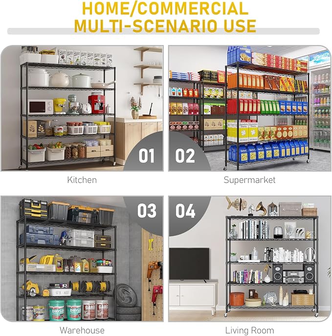 Karl home 5-Tier Adjustable Metal Storage Shelves, Wire Unit with Wheels | Heavy Duty Wire Storage Rack Organizer, Multipurpose Shelving for Garage, Pantry, Kitchen Display