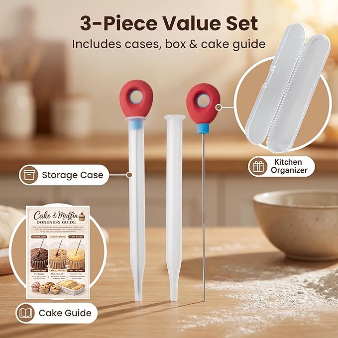 Cake Tester Set, 3-Pack Stainless Steel Baking Testers with Storage Case & Baking Guide, Reusable Cake Doneness Tester Tool for Cakes, Bread, Cupcakes & Brownies