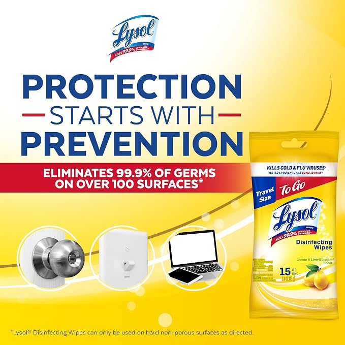 Lysol Disinfecting Wipes To-Go Pack, Lemon Scent, 15 Count (Pack of 2)