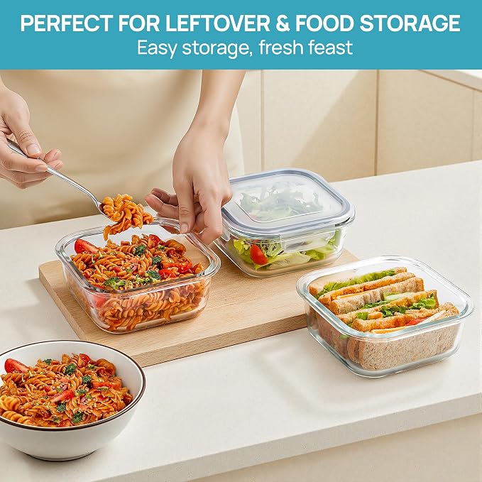 Vtopmart 5Pack 27oz Glass Storage Containers with Lids, Glass Meal Prep Food Container Sets, Sandwich Containers with Snap Airtight Lid for Microwave, Oven, Freezer and Dishwasher, Grey